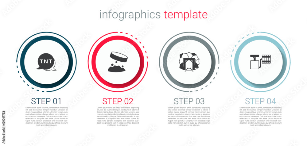 Set Dynamite, Giant magnet holding iron dust, Mine entrance and Handle detonator. Business infographic template. Vector Set Dynamite, Giant magnet holding iron dust, Mine entrance and Handle detonator. Business infographic template. Vector
