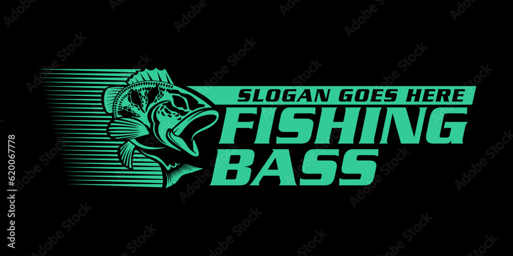Ταπετσαρία fishing logo Bass Jumping fish on black dark background