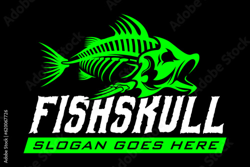 bass grouper skeleton skull fishing logo on black dark background