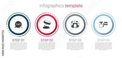 Set Dynamite, Giant magnet holding iron dust, Mine entrance and Handle detonator. Business infographic template. Vector