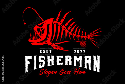 fishing logo anglerfish skeleton skull on black dark background in modern Style