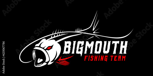 fishing logo Angry Grouper fish on black dark background. modern vintage rustic logo design