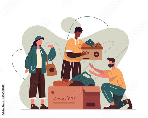 Young people from volunteering organizations collecting clothes for people in need. Goodness, mercy, hope and love. Charity and donations. Vector flat illustration in brown colors