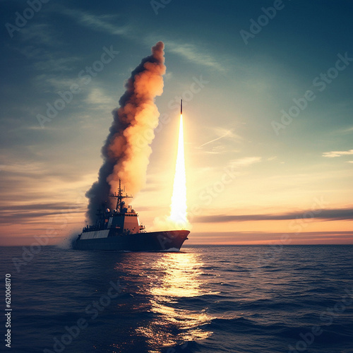 Fotografia Ship or rocket missile launch in military or sea war