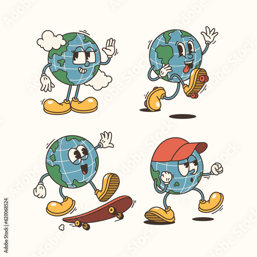 Set of Traditional Cartoon globe earth planet Illustration with a Vintage Touch