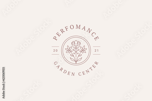 Gentle natural flower circle frame minimal line logo for garden center floral design template vector