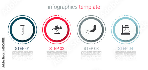 Set Test tube, Telescope, Bacteria and flask on stand. Business infographic template. Vector
