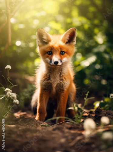 Cute baby fox in the summer forest