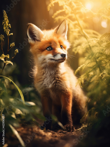 Cute baby fox in the summer forest © Veniamin Kraskov