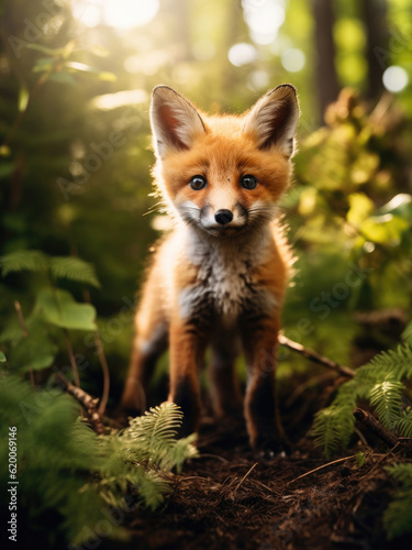 Cute baby fox in the summer forest