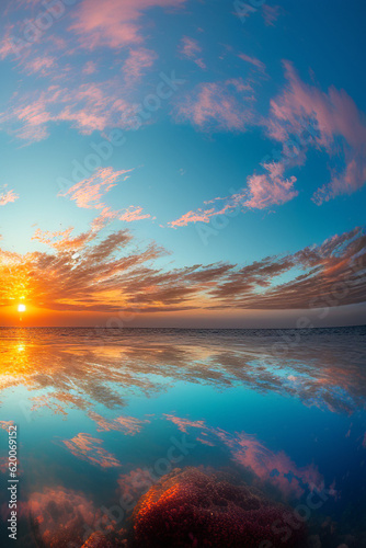 Landscape of sunsetting over transparent aquamarine ground © JIYEON
