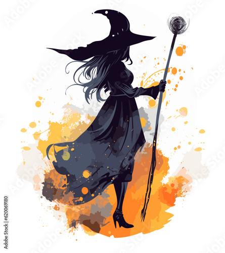 stehenden Hexe in Silhouette mit einem Zauberstab in der Hand, bunter  Hintergrund Halloween