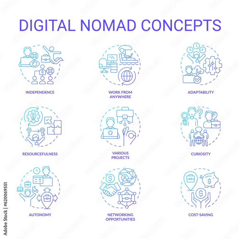 Digital nomad blue gradient concept icons set. Professional freelancer. Laptop lifestyle. Generation z. Remote work. Make money online idea thin line color illustrations. Isolated symbols