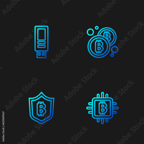 Set line CPU mining farm, Shield with bitcoin, USB flash drive and Bitcoin. Gradient color icons. Vector
