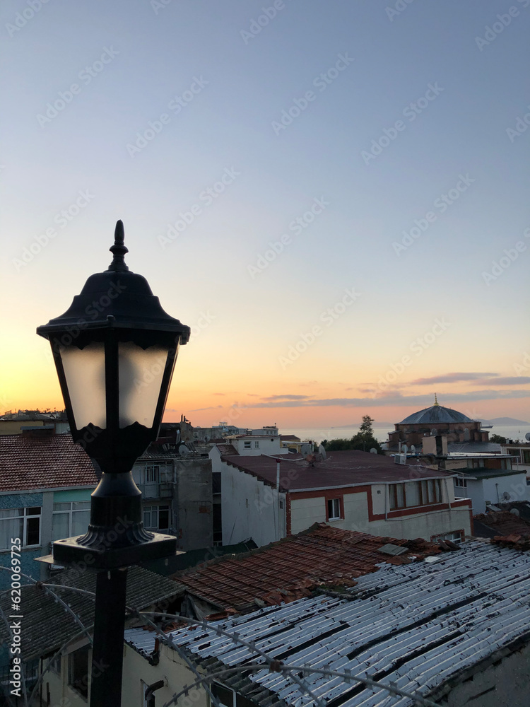 street lamp in the sunset on a rooftop Istambul