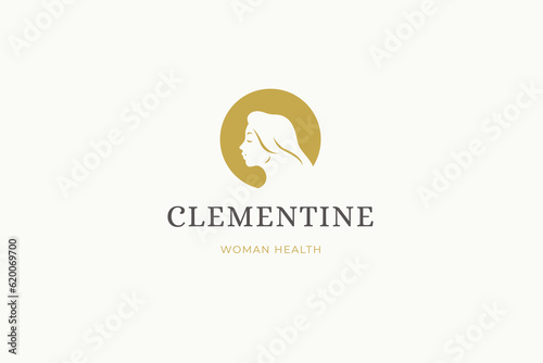 Woman long hair silhouette golden circle frame minimal logo design template for beauty care vector