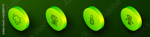 Set Isometric line Puzzle pieces toy, Jack in the box, Baby dummy pacifier and Robot icon. Vector