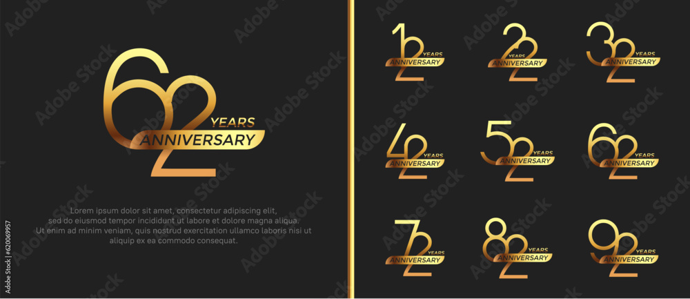set of anniversary logo gold color and ribbon on black background for celebration moment set of anniversary logo gold color and ribbon on black background for celebration moment
