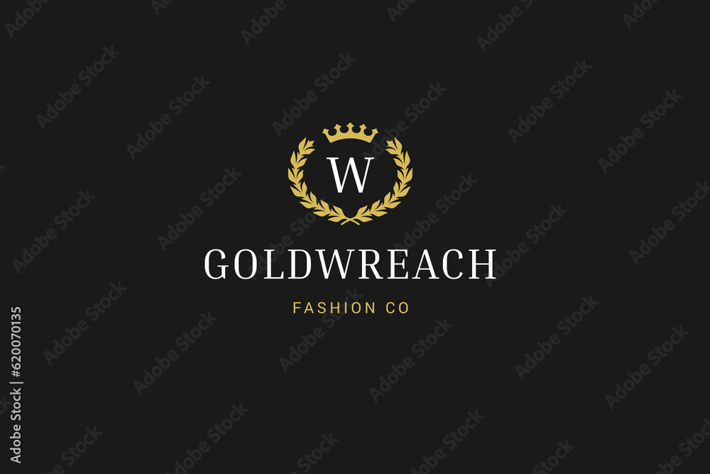 Golden laurel wreath insignia with crown minimal logo design template fashion brand vector Golden laurel wreath insignia with crown minimal logo design template fashion brand vector