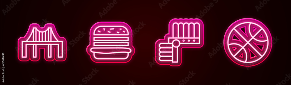 Set line Golden gate bridge, Burger, Indian headdress with feathers and Basketball ball. Glowing neon icon. Vector Set line Golden gate bridge, Burger, Indian headdress with feathers and Basketball ball. Glowing neon icon. Vector