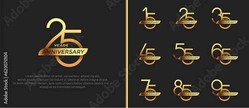 set of anniversary logo gold color and ribbon on black background for celebration moment