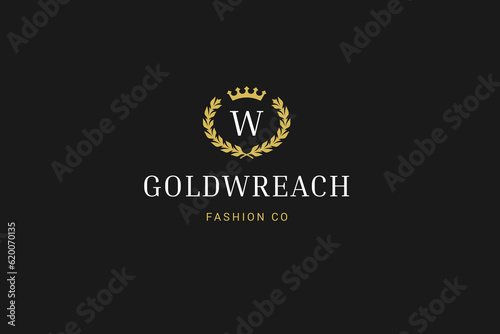 Golden laurel wreath insignia with crown minimal logo design template fashion brand vector