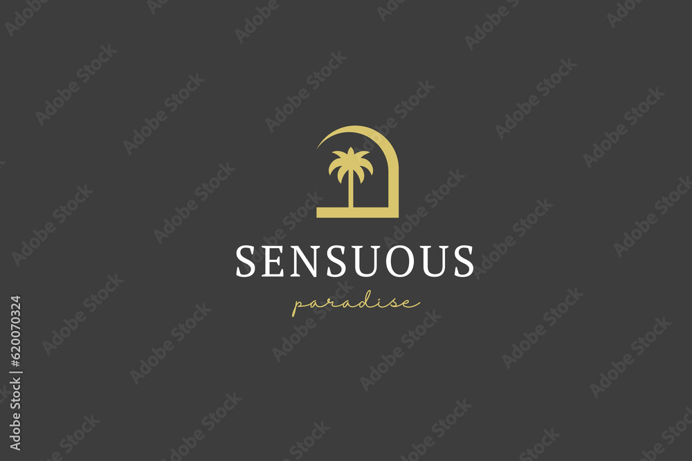 Fototapeta premium Palm tree beach paradise resort yellow silhouette calligraphy logo design template vector