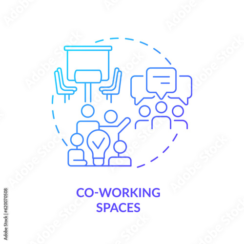 Co working space blue gradient concept icon. Startup culture. Professional community. Meeting people. Flexible work. Shared office abstract idea thin line illustration. Isolated outline drawing