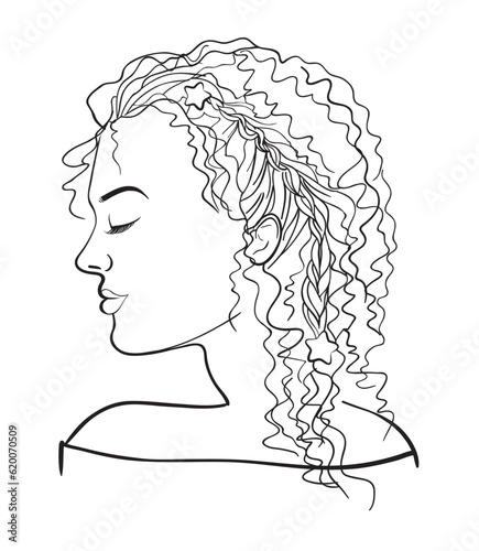 Black and white Profile of a girl with wavy hair gathered in a braid and closed eyes for design for girls and teenagers in vector