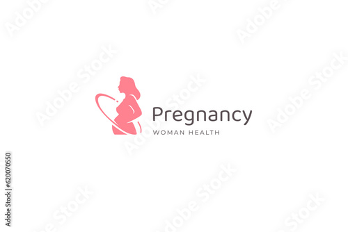 Pregnant woman pink silhouette with ring pregnancy healthcare minimal logo design template vector