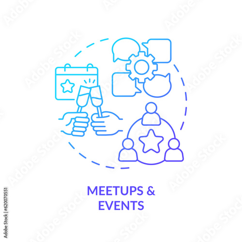 Meetups and events blue gradient concept icon. Professional conference. Social networking. Digital entrepreneur. Job opportunity abstract idea thin line illustration. Isolated outline drawing