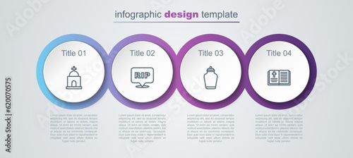 Set line Old crypt, Speech bubble rip death, Funeral urn and Holy bible book. Business infographic template. Vector