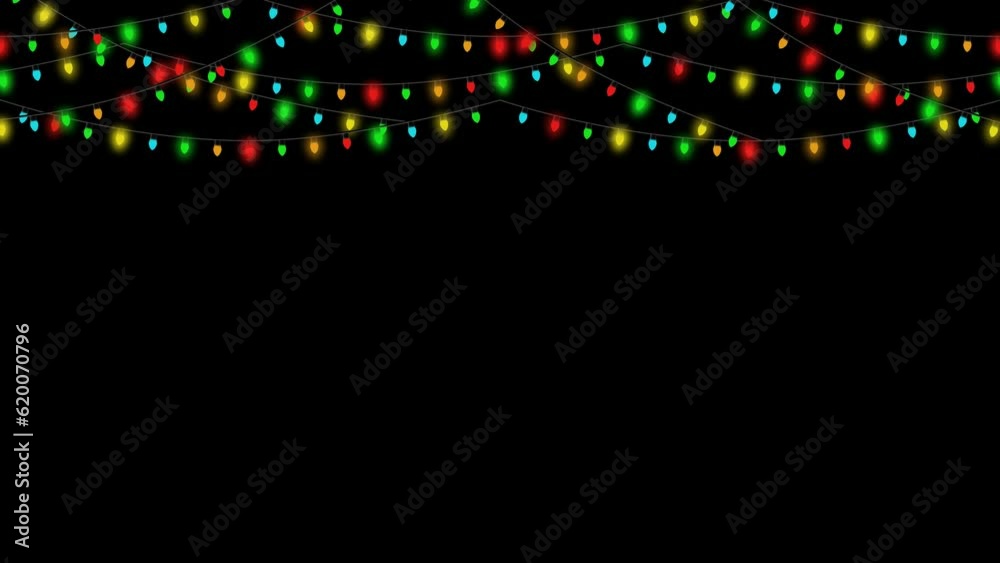 Isolate background seamless loop beautiful christmas string light bulb string with flashing lights on black background. 4k 3d xmas light rendering party, Christmas, new year and celebrate animation
