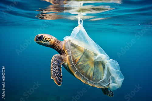 The turtle got tangled in a plastic bag in the ocean. The problem of environmental pollution. Generative AI