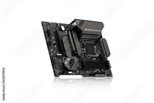 PC motherboard on a white background. Motherboard for personal computer closeup isolated on white background.