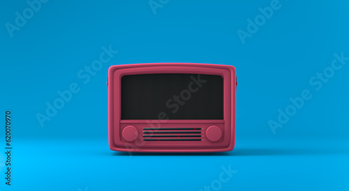 3D rendering, Close up pink vintage radio receiver mock up, minimal style, front view shot, blue color background.