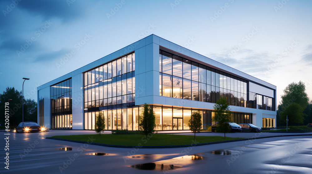 Photo of a modern office building with a sleek and minimalist design. Generative AI technology