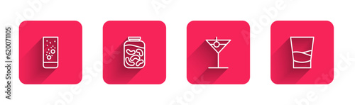 Set line Effervescent tablets in water, Pickled cucumbers jar, Martini glass and Glass of vodka with long shadow. Red square button. Vector