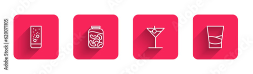 Set line Effervescent tablets in water  Pickled cucumbers jar  Martini glass and Glass of vodka with long shadow. Red square button. Vector