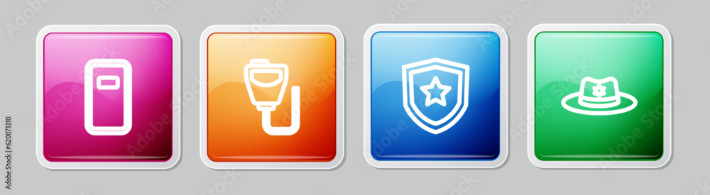 Set line Police assault shield, Walkie talkie, badge and Sheriff hat with. Colorful square button. Vector Set line Police assault shield, Walkie talkie, badge and Sheriff hat with. Colorful square button. Vector