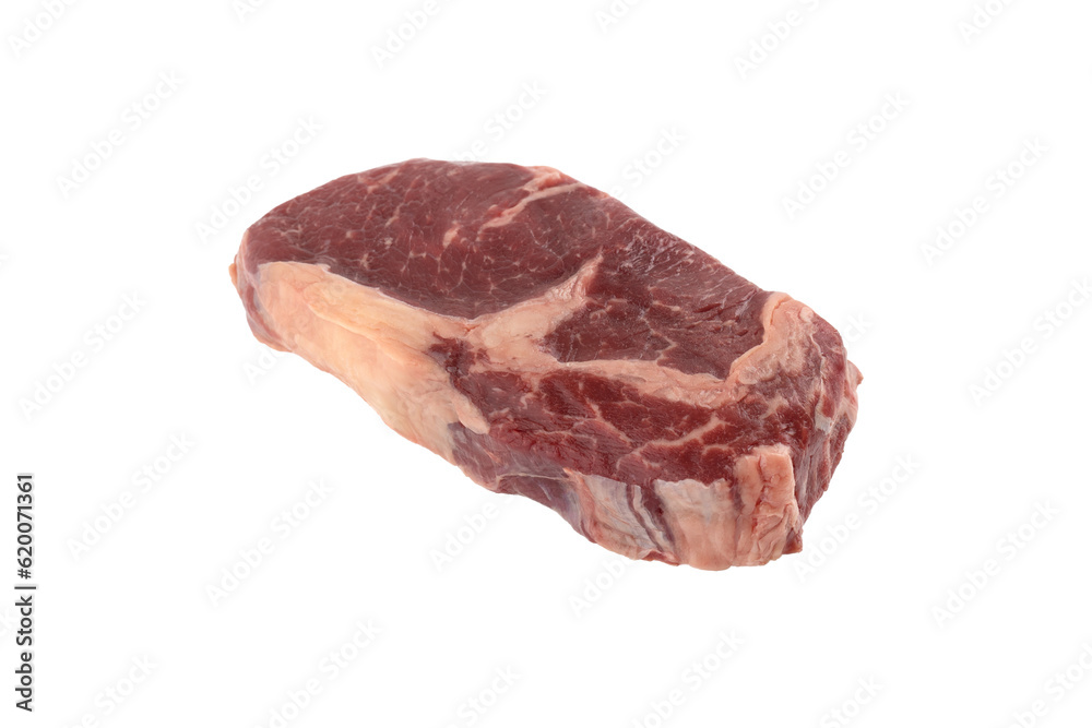 Obraz premium Raw beef steak on a white background. Beef steak closeup isolated on white background.
