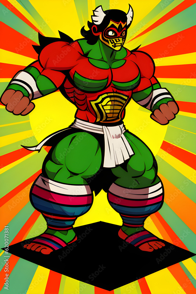 Image of a cartoon Mexican wrestler wearing a mask. (AI-generated fictional illustration)
