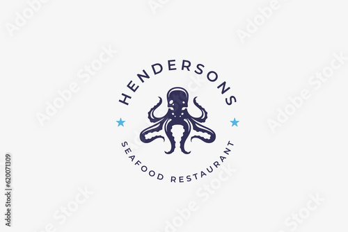 Seafood restaurant minimal logo design template with octopus marine delicious menu vector