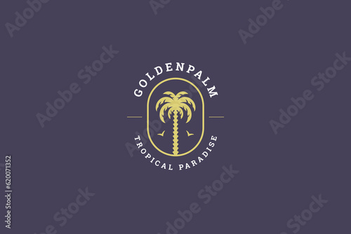 Paradise palm tree hotel resort summer travel vacation minimal logo design template vector