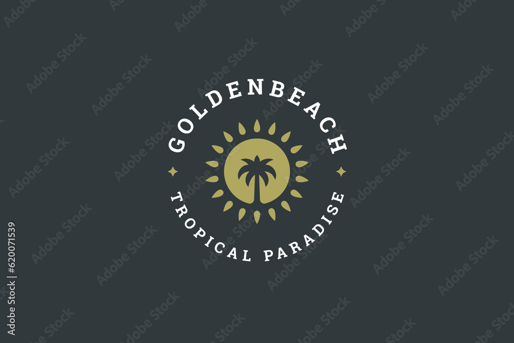 Fototapeta premium Tropical paradise beach palm tree island with bright sun travel service logo design template vector