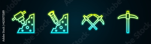 Set line Construction jackhammer, Pickaxe and . Glowing neon icon. Vector