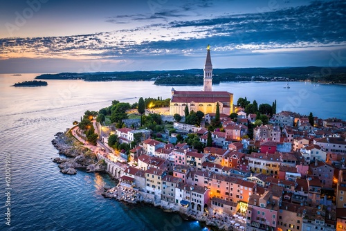 Aerial drone shot of a beautiful croatian city Rovinj right after the sunset.