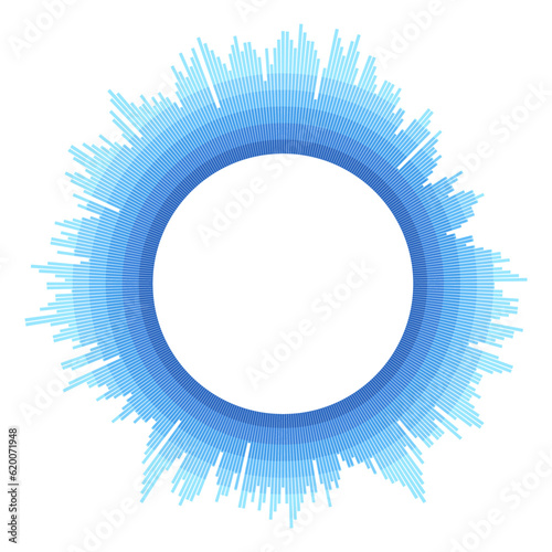 Radial blue concentric particles isolated on white background. Infographic template. Color equalizer. Sound wave. Sun ray or star burst elements. Vector design element. Blue colors.