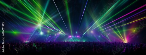Lasershow background banner - Colorful laser beams rays in a club, disco, nightclub or on a festival or concert, with silhouette of party people (Generative Ai)