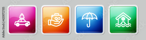 Set line Car insurance, Travel suitcase hand, Umbrella and House flood. Colorful square button. Vector